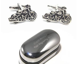 Classic Motorbike Bikers Biking Cufflinks & Engraved Gift Box (X2PSN100) - Motorcycle Cufflinks, Novelty Cufflink, Personalised Cufflink Box