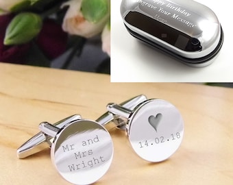 Silver Personalised Engraved Surname ROUND Wedding Cufflinks - Personalised Engraved Gift Box Available