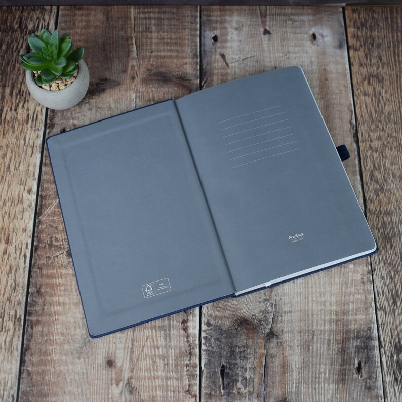 May include: Open notebook with a dark blue cover and lined pages. The notebook is lying open on a wooden surface. A small potted succulent plant is in the upper left corner.