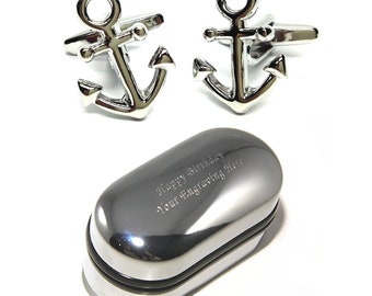 Gemelos de ancla Gemelos de barcos de vela náuticos y caja de regalo grabada - Gemelos novedosos, gemelos extravagantes, caja de gemelos personalizada