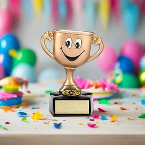 Personalised Childrens Trophy Cup, ENGRAVED, Kids Trophy Fun Trophy, Sports Day, Achievement Award, Smiley Trophy, Birthday Party Trophy