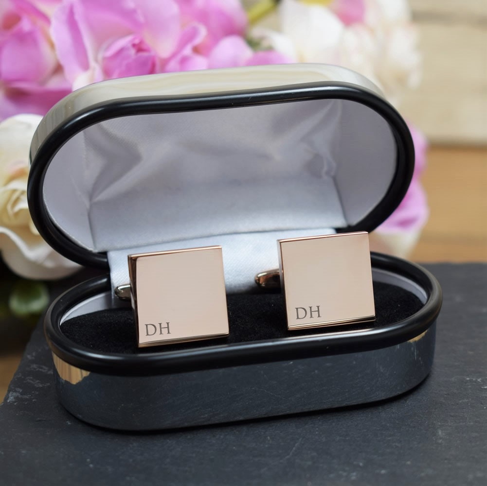ROSE GOLD Personalised Engraved Initial SQUARE Cufflinks - Wedding or…