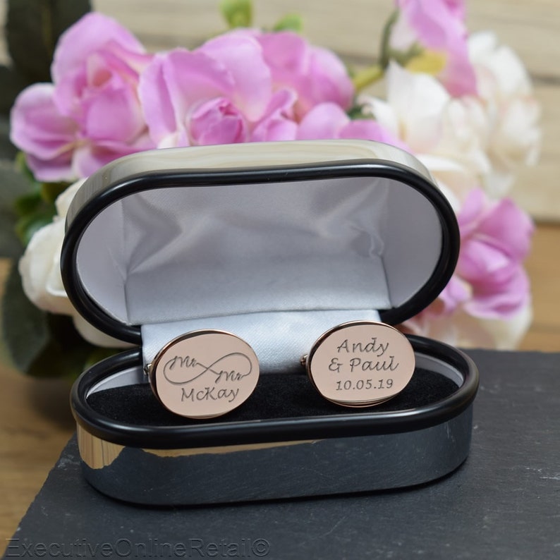 a pair of cufflinks made from Rhodium plated, polished surface that customizable engrave name, and special date is the best 25th Anniversary Gift
