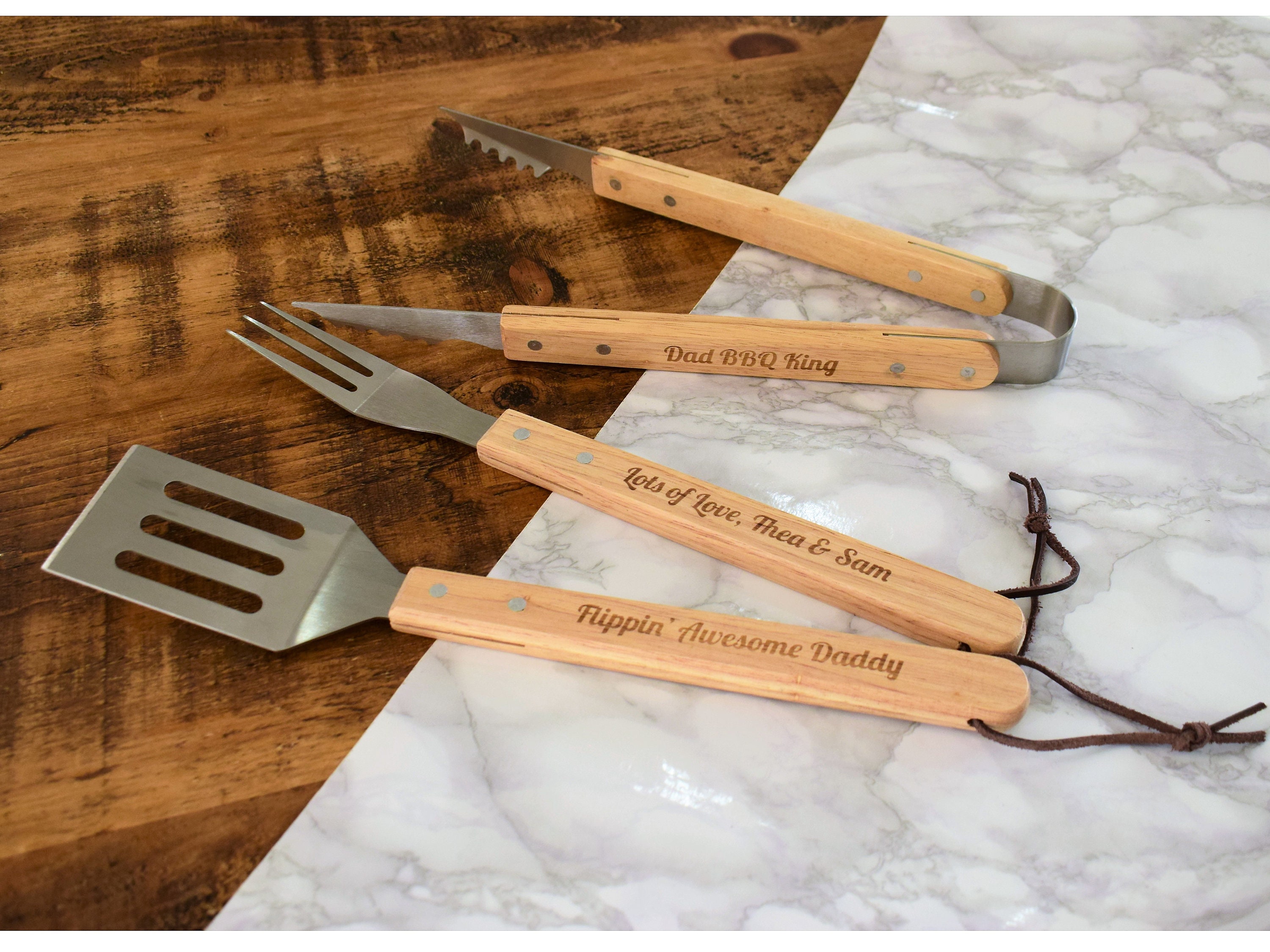 Personalised BBQ Grill Tool Set. Custom Engraved Wood Handle Barbecue  Cooking Utensils Fork Tongs Spatula L286 