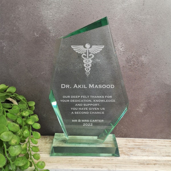 Doctors Thank you Gift with Caduceus, Glass Thank you Plaque - Personalised gift for doctor - Thank You Plaque Engraved Plaque