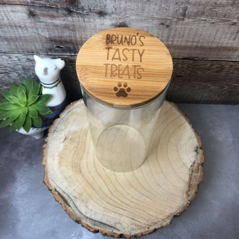 Personalised Bamboo Lid Dog Treat Storage Jar Pick Your Size Glass Storage Jar Dog Reward Jar with Engraved Lid with Paw Print & Name image 8