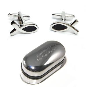 Christian Fish Cufflinks & Engraved Gift Box (X2AJ152) - Ichthus, Jesus Fish Cufflinks, Religious Cufflinks, Personalised Cufflinks Box