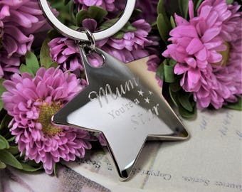 Personalised, Engraved Chrome Star Keyring | Silver Keyrings, You&#39;re A Star, Mother&#39;s Day Gifts, Birthday Keyrings, Personalised Keyrings