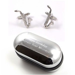 Saxophone Musical Instrument Cufflinks & Engraved Gift Box (X2PSN003) - Novelty Cufflinks, Quirky Cufflinks, Personalised Cufflink Box