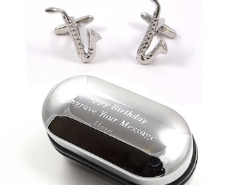 Saxophone Musical Instrument Cufflinks & Engraved Gift Box (X2PSN003) - Novelty Cufflinks, Quirky Cufflinks, Personalised Cufflink Box