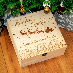 Caja de Nochebuena de lujo personalizada - Cajas de Nochebuena de madera grabadas para niños - La noche antes de Navidad - dos tamaños