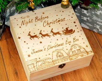 Caja de Nochebuena de Lujo Personalizada - Cajas de Nochebuena de Madera Grabadas para Niños - La Noche Antes de Navidad