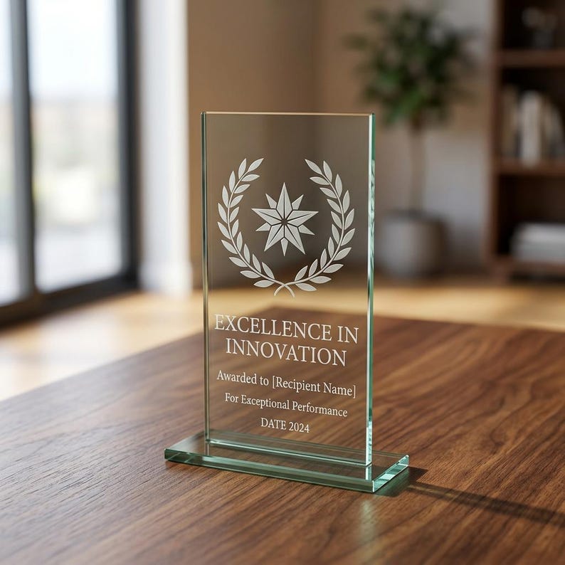 Peut inclure: Un prix en verre transparent de forme rectangulaire avec une base. Le prix pr&eacute;sente le texte "EXCELLENCE IN INNOVATION" et un motif d'&eacute;toile et de couronne de laurier. Le texte "Awarded to [Recipient Name] For Exceptional Performance DATE 2024" est &eacute;galement visible.