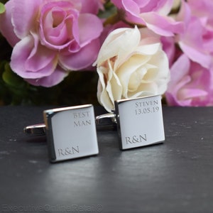 Silver Mens Personalised Best Man Wedding Day Custom Engraved SQUARE Cufflinks Personalised Engraved Gift Box Available image 2