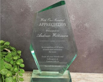 Personalised Crystal Employee Award, Retirement Appreciation, For Manager, Staff, Retirement Award - Laser Engraving, Thank You 3 Sizes