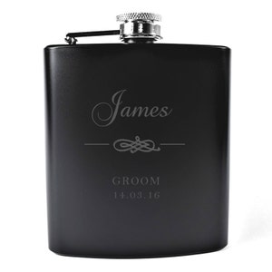 Personalised, Engraved Black Hip Flask with Motif - Wedding Hip Flasks, Wedding Party Gifts, Drinking Gifts, Engraved Hip Flask