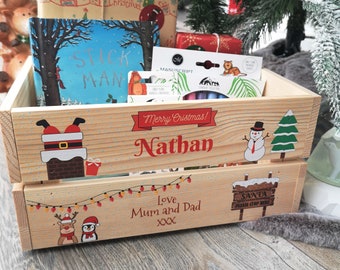 Personalised Christmas Eve Box Gifts For Children, Personalised Wooden Crate Ready To Fill With Gifts - Christmas Characters - Wooden Crates