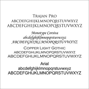 May include: A graphic showing different font styles, including Trajan Pro, Monotype Corsiva, Copper Light Gothic, and Arial. Each font style is shown in both lowercase and uppercase letters.