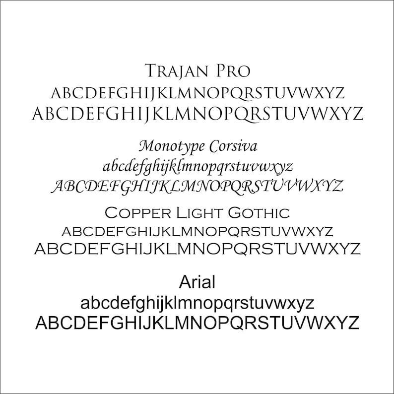 May include: A graphic showing different font styles, including Trajan Pro, Monotype Corsiva, Copper Light Gothic, and Arial. Each font style is shown in both lowercase and uppercase letters.