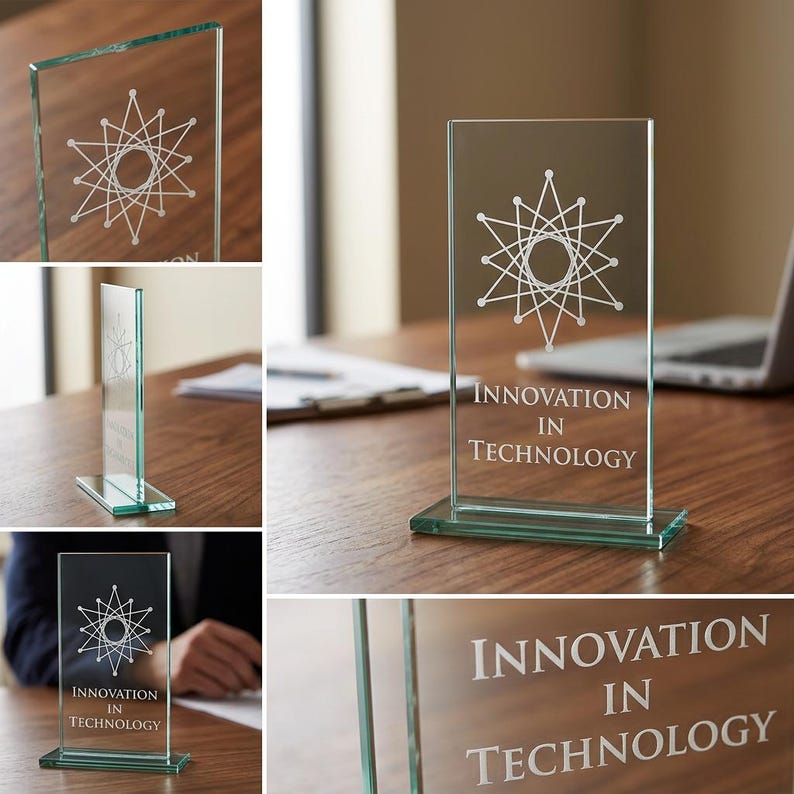 Peut inclure: Troph&eacute;e en verre transparent de forme rectangulaire avec une base rectangulaire. Le troph&eacute;e pr&eacute;sente un motif g&eacute;om&eacute;trique blanc et les mots "INNOVATION IN TECHNOLOGY" en police sans-serif.