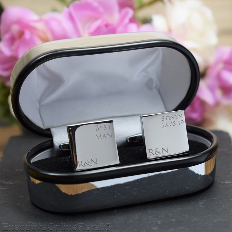 Silver Mens Personalised Best Man Wedding Day Custom Engraved SQUARE Cufflinks Personalised Engraved Gift Box Available image 1