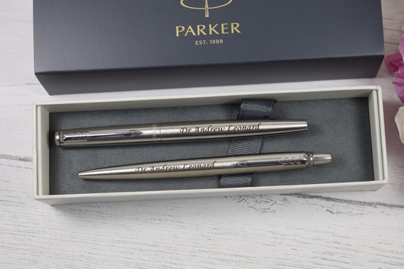 Monogrammed Satin Silver Double Pen Set in Black Wooden Box