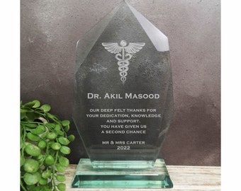 Glass Plaque for Doctors with caduceus, Thank you gift for Doctors - Personalised gift for doctor - Thank You Plaque Engraved