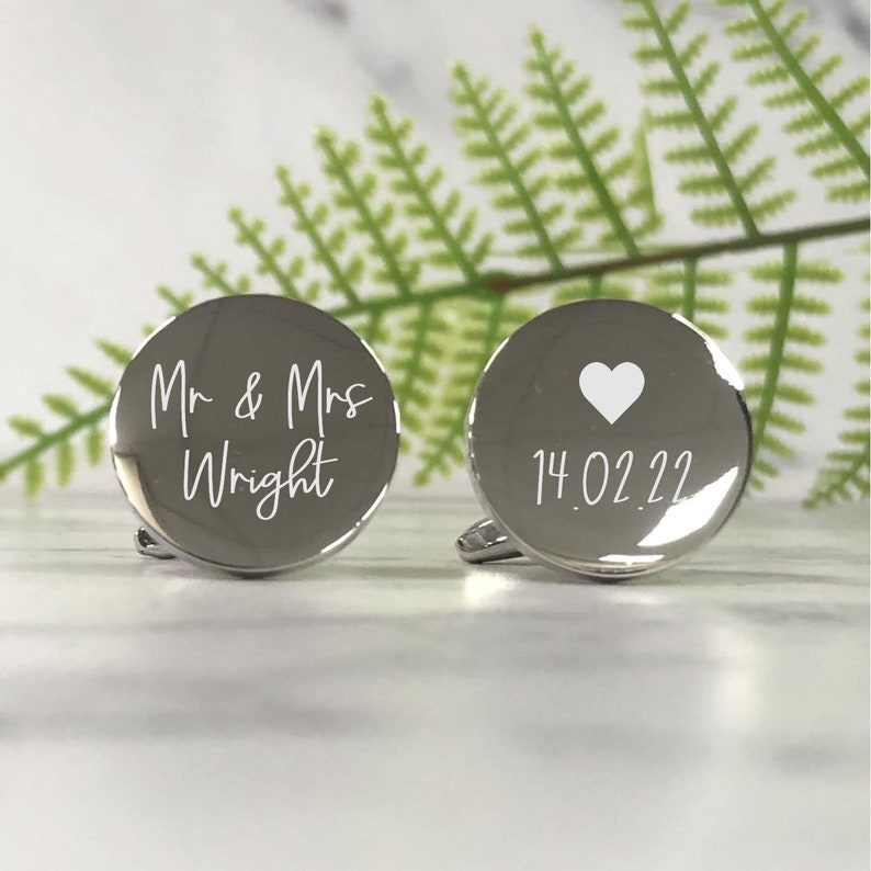 Silver Personalised Engraved Surname ROUND Wedding Cufflinks Personalised Engraved Gift Box Available image 1