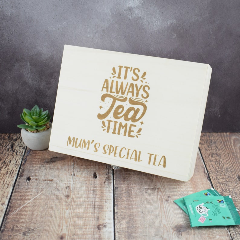 Personalised Engraved Tea Storage Box Perfect Custom Gift For Tea Lovers, Bespoke Tea Boxes, Engraved Tea Caddy Tea Storage Box Tea Time image 2