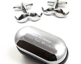 Novelty Moustache Design Cufflinks & Engraved Gift Box (X2AJ293) - Novelty Cufflinks, Quirky, Cufflinks, Personalised Cufflinks Box