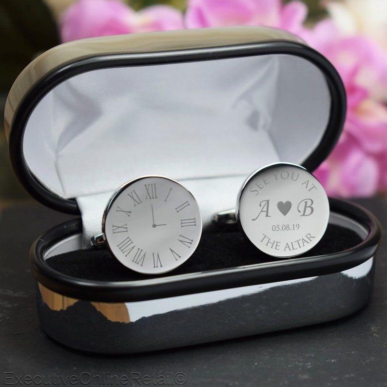Personalised Engraved Gift Box Available Clock Silver Personalised Engraved ROUND Cufflinks -Wedding See you at the Altar