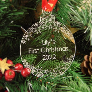 Personalised Christmas Tree Decoration Engraved Bauble Gift - My First Christmas Bauble with Star Design - first_christmas_star_bauble