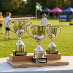 May include: Three silver trophies on a wooden display, with black nameplates reading "Sports Day - Winner", "Sports Day - Runner Up", and "Sports Day - Third Place". The trophies have ornate handles and sit on a white tablecloth, with a sports field in the background.