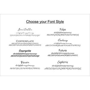 May include: A white background presents font style options. The text "Choose your Font Style" is at the top. Below, sample alphabets demonstrate each font, including Beantulla, Felipa, Copperplate, Embassy, Courgette, Futura, Riviera, and Euphoria.