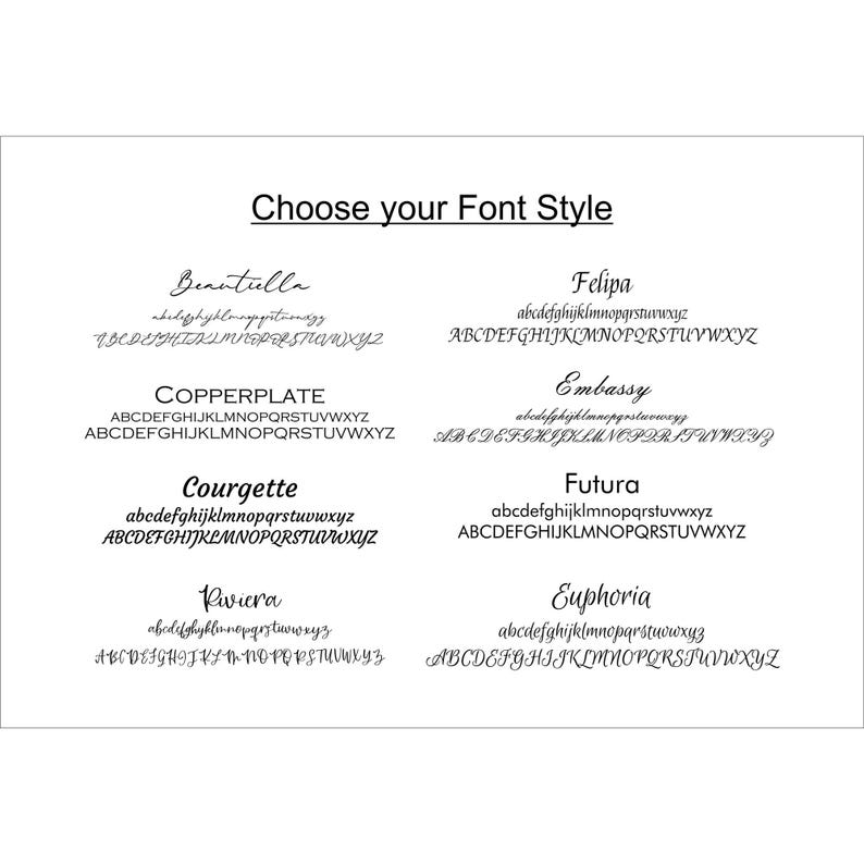 May include: A white background presents font style options. The text "Choose your Font Style" is at the top. Below, sample alphabets demonstrate each font, including Beantulla, Felipa, Copperplate, Embassy, Courgette, Futura, Riviera, and Euphoria.