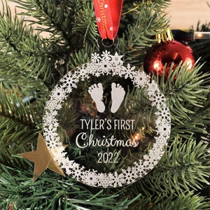 Personalised Christmas Tree Decoration Engraved Bauble Gift, Baby&#39;s First Christmas Bauble
