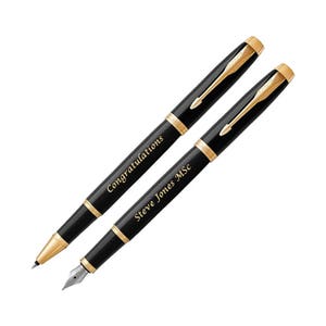 Parker IM Black and Gold Rollerball & Fountain Pen Set, Personalised Engraved Pen, Graduation Gift, Wedding Gift, Birthday