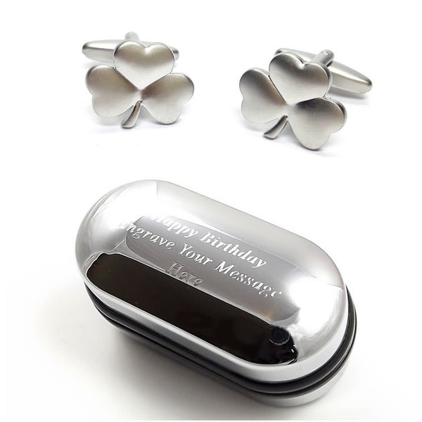 Brushed Finish Irish Shamrock Cufflinks & Engraved Gift Box (X2SJ004) - Novelty Cufflinks, Quirky Cufflinks, Personalised Cufflinks Box