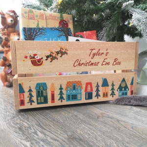 Caja de Nochebuena personalizada para niños, caja de madera personalizada lista para llenar con regalos - Christmas Town - Madera de pino maciza
