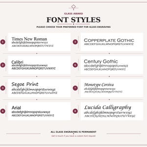 Może przedstawiać: Tabela wyboru czcionek do grawerowania szkła zatytułowana GLASS AWARD FONT STYLES. Zawiera osiem ponumerowanych opcji: Times New Roman, Calibri, Segoe Print, Arial, Copperplate Gothic, Century Gothic, Monotype Corsiva oraz Lucida Calligraphy.
