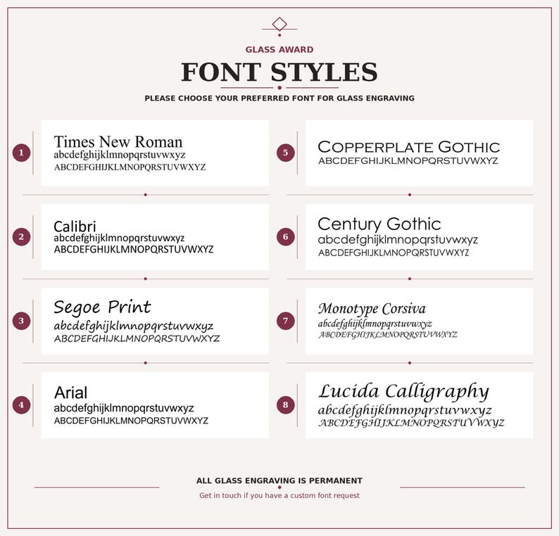 Może przedstawiać: Tabela wyboru czcionek do grawerowania szkła zatytułowana GLASS AWARD FONT STYLES. Zawiera osiem ponumerowanych opcji: Times New Roman, Calibri, Segoe Print, Arial, Copperplate Gothic, Century Gothic, Monotype Corsiva oraz Lucida Calligraphy.