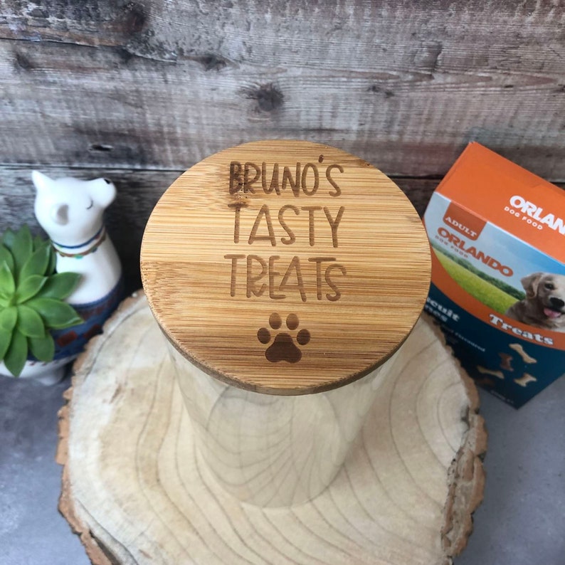 Personalised Bamboo Lid Dog Treat Storage Jar Pick Your Size Glass Storage Jar Dog Reward Jar with Engraved Lid with Paw Print & Name image 2