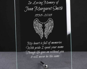 Personalised Engraved Glass Memorial Plaque Memorial Sign Grave Ornaments -  In Loving Memory Remembrance Gift Graveside Memorial - Wings