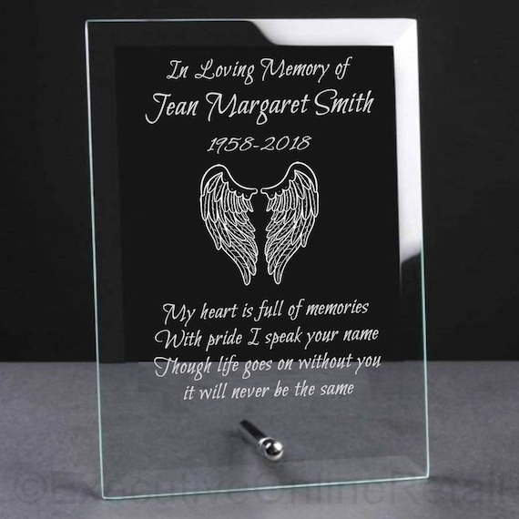 Personalised Engraved Glass Memorial Plaque Memorial Sign Grave Ornaments -  In Loving Memory Remembrance Gift Graveside Memorial - Wings