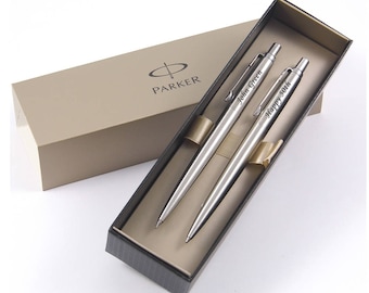Set di penne personalizzato, penna incisa, set di penne e matite Parker Jotter in acciaio inossidabile, laurea, regalo di nozze, regalo di compleanno, Natale
