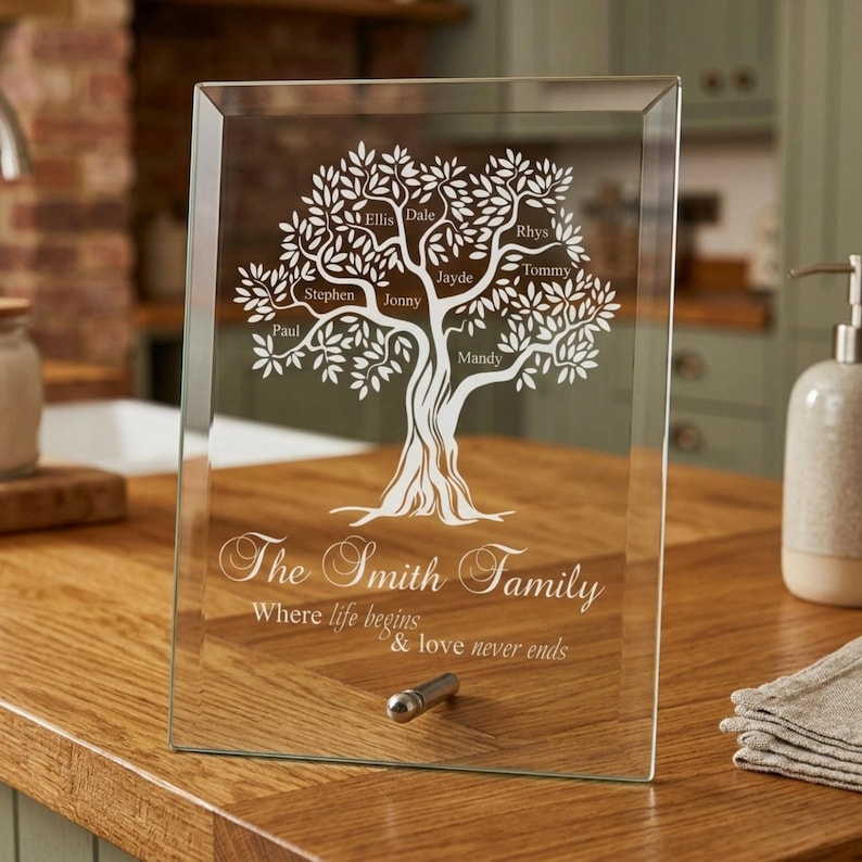 Custom Family Tree Plaque, Personalised Engraved Jade Glass Keepsake ...