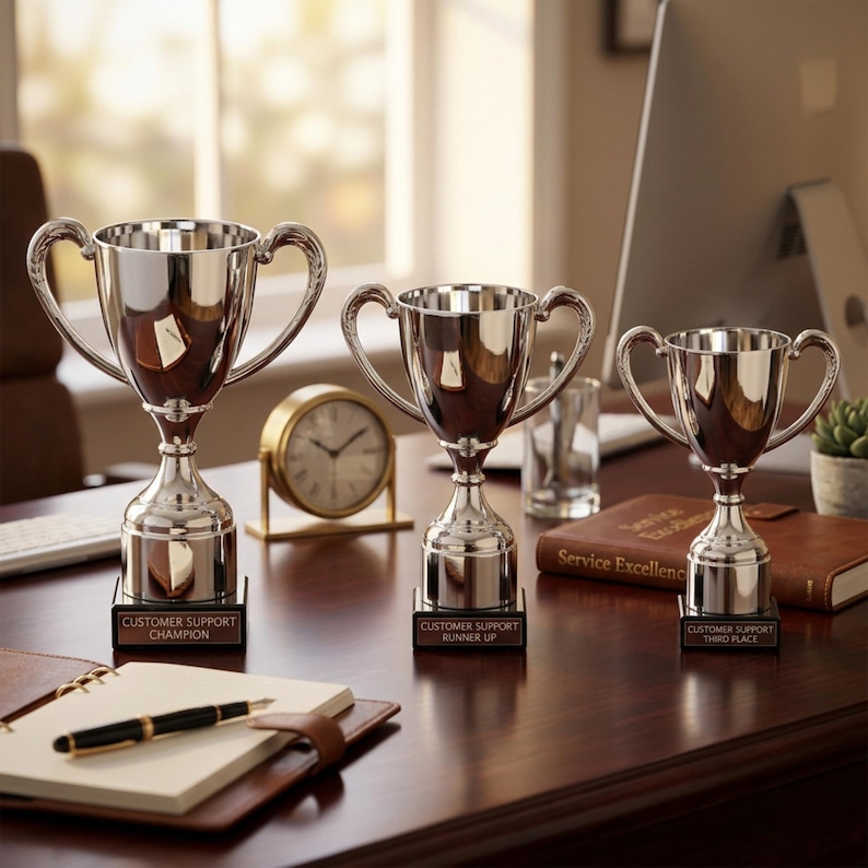 May include: Three silver trophies with curved handles and black nameplates that read "Customer Support Champion", "Runner Up", and "Third Place". The trophies sit on a dark wooden desk with a clock, notebook, and pen.