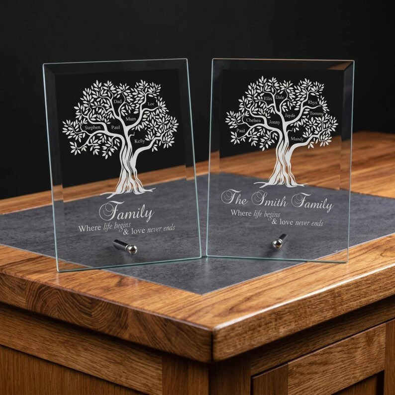 Custom Family Tree Plaque, Personalised Engraved Jade Glass Keepsake ...
