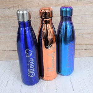 Water Bottles Personalised Engraved 500ml Glossy Water Bottle - Coloured Double Wall Flask, Gym Gift, Reusable Bottle, Hot or Cold Flask