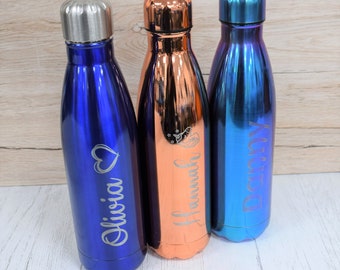 Water Bottles Personalised Engraved 500ml Glossy Water Bottle - Coloured Double Wall Flask, Gym Gift, Reusable Bottle, Hot or Cold Flask